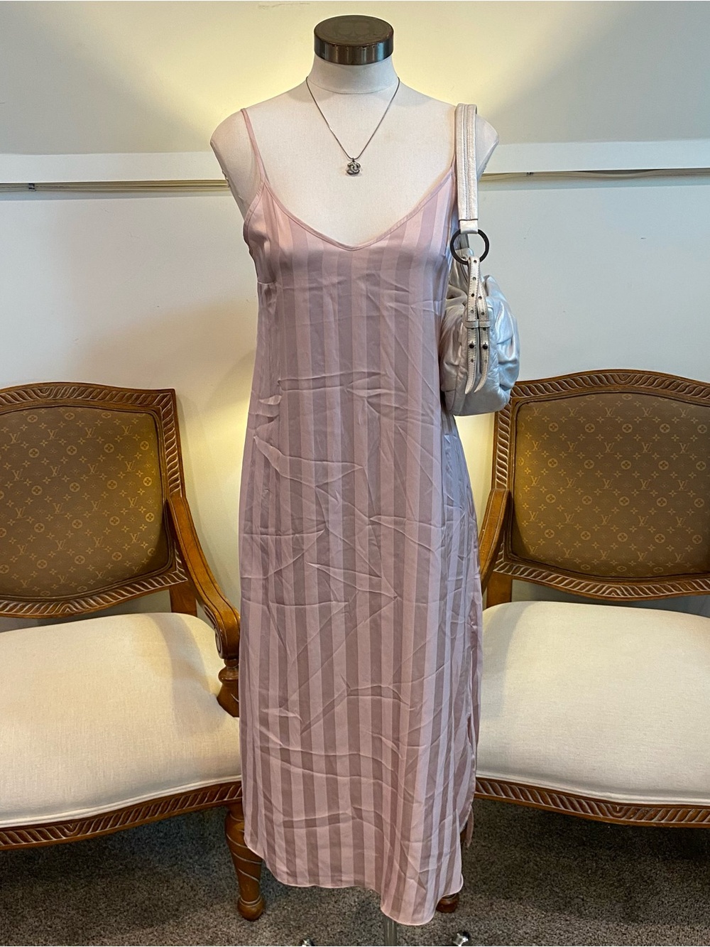 Pink Mauve Striped Satin Slip Dress, Small